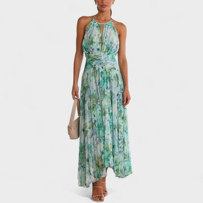 Angel | Vestido maxi plisado con flores y escote halter