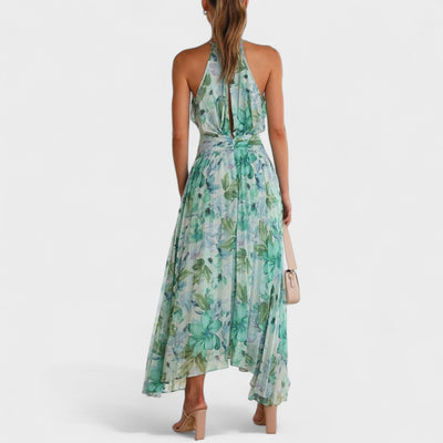 Angel | Vestido maxi plisado con flores y escote halter