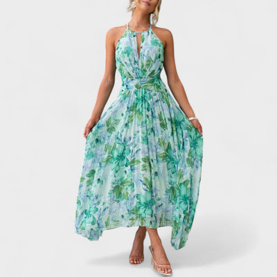 Angel | Vestido maxi plisado con flores y escote halter
