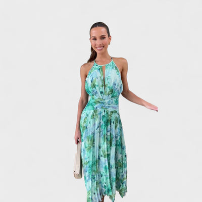 Angel | Vestido maxi plisado con flores y escote halter