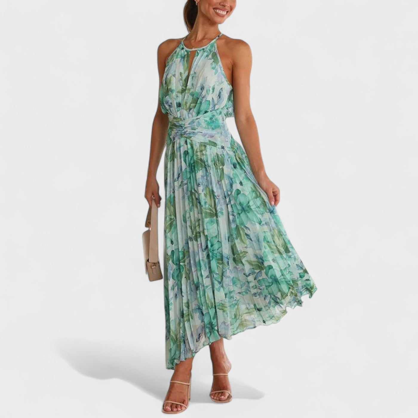 Angel | Vestido maxi plisado con flores y escote halter