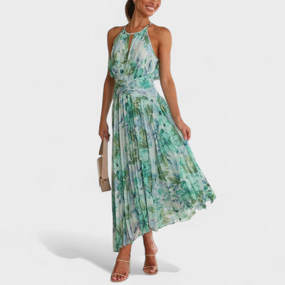 Angel | Vestido maxi plisado con flores y escote halter